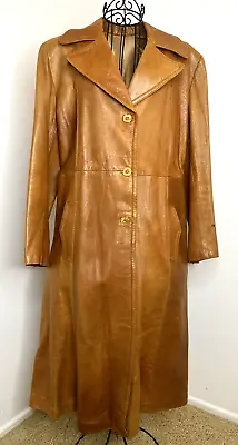 VTG Soft Leather Tan Long Trench Coat Jacket Lined Pockets Women's SZ M No Tags • $99