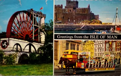 1967 Postcard Greetings Isle Of Man Laxey Wheel Peel Castle Douglas Horse Tram • £18.79