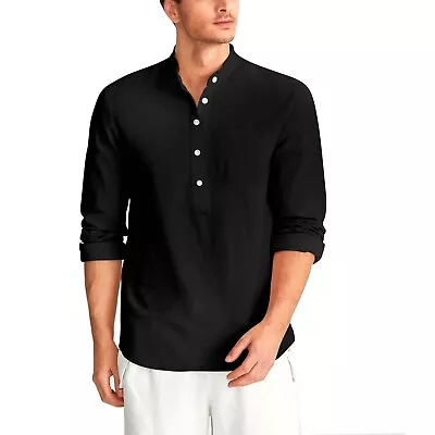 Mens Long Sleeve Linen Shirt Summer Solid Loose Casual Dress Shirt Blouse Tops • $23.99