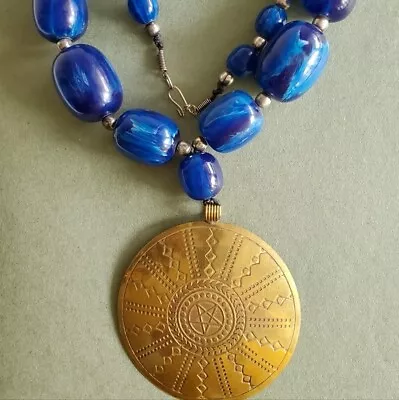 Monies Gerda Lynggaard Dyed Blue Buffalo Horn Medallion Pendant Necklace • $45