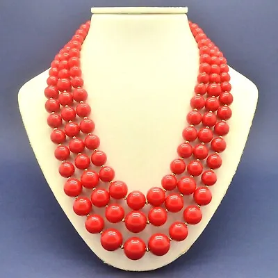 £9.50 • Buy Vintage Necklace TRIFARI 1970s Triple Strand Red Plastic Bead Goldtone Jewellery