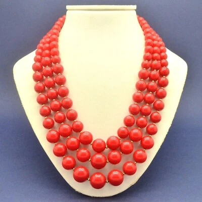 £9.50 • Buy Vintage Necklace TRIFARI 1970s Triple Strand Red Plastic Bead Goldtone Jewellery