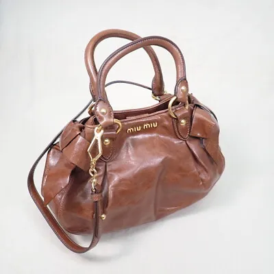 Miu Miu 2WAY Handbag RN0818 VITELLO LUX Shoulder Brown Ribbon GD Metal Fitting • $238.70