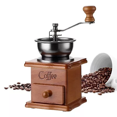 Manual Coffee Grinder Portable Hand Crank Coffee Mill With Wood Drawer Burr Bean • £11.99