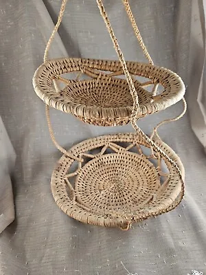 Vintage Woven Rattan Two Tier Hanging Baskets Wicker Fruits Plants  • $19.99