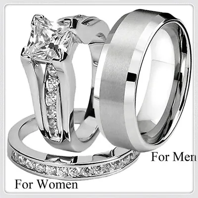 His Hers Stainless Steel & Titanium Wedding Band Ring Set Jewelry Size 6-10 • $1.46