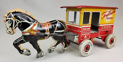 Louis Marx  Toyland Dairy  Horse Drawn Milk Wagon White Litho Wheels Working • $149.95