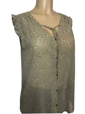 Matilda Jane Green Butterflies Patten Sheer Shirt Womens Size M Casual Tie Top • $10