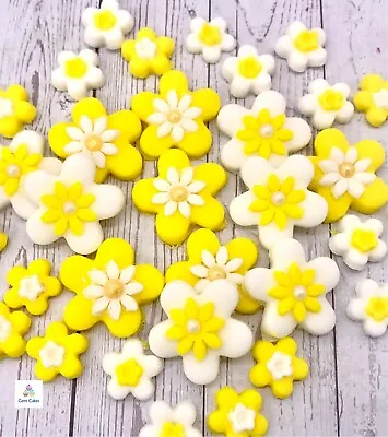 64 Edible Yellow & White Flowers Fondant Sugar Cake Toppers Birthday Wedding • £8.99