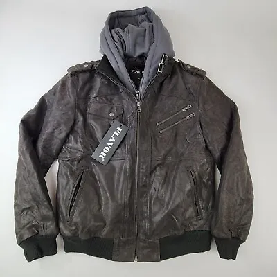Flavor Mens Leather Moto Jacket Size M W/ Removable Hooded Pigskin NWT $299 • $89.99
