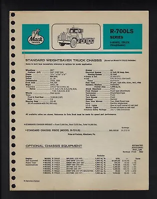 Mack Trucks Model R-700ls Series 4 Page Specifications Brochure June 1969 • $27.50