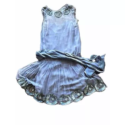 Antique 20 Silk And Velvet Flapper Dress Periwinkle Velvet Beaded Medallion Trim • $119