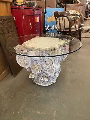 Weather Distressed Chalk Limestone Corinthian Column Glass Top Coffee Table  • $716