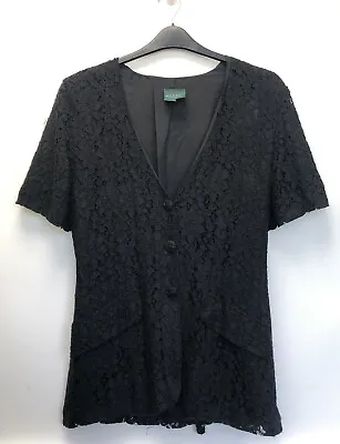 Vintage Charlotte Halton River Island Black Lace Button Up Blouse Jacket Size 12 • £11.99