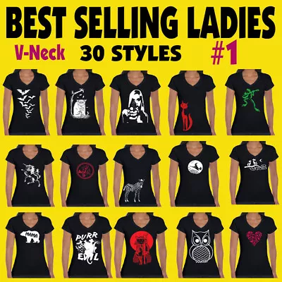 Funny T-shirts Ladies Black  Cat Zebra Animals Funky Cool Designs V-necks Tees 1 • $25.95