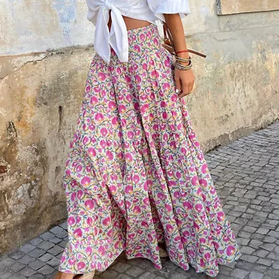 Womens Boho Floral Long Maxi Skirt Ladies High Waist Beach Holiday Swing Dress ` • $15.79