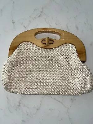 Vintage Crochet Wooden Handled Hand Bag Clutch Made In Hong Kong Boho • $20