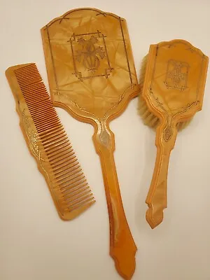 Butterscotch Bakelite Mirror Brush Comb Vanity Set Vintage Gold Trim Floral Nice • $44.99