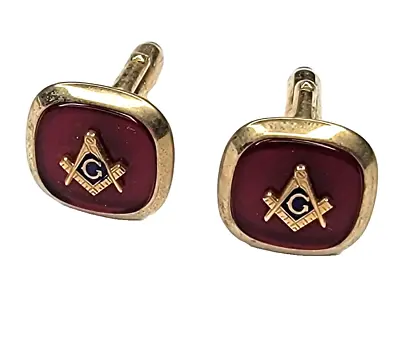 Vintage Signed Anson Masonic Freemaso Ruby Red/Gold Tone Cuff Links F W/Gift Box • $29.99