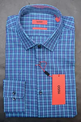 Hugo Boss Men's Mabel Sharp Fit Turq/Aqua Check Cotton Dress Shirt 39 15.5 32/33 • $64.79