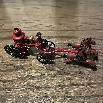 Vintage 2-Piece Cast Iron Horse Drawn Fire Engine Wagon Fireman Carriage Toy • $29.99