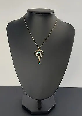 Edwardian Period 9ct Gold Open Worked Turquoise Set Pendant With Drop Beautiful  • £195