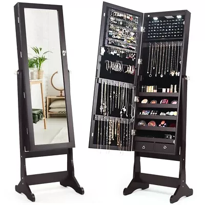 Brown Standing Jewelry Organizer Storage Cabinet With Mirror And LED Lights New • $135