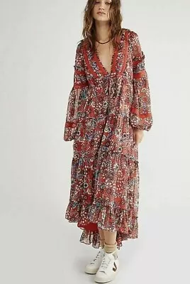 Free People 70s Style Cassis Printed Chiffon Dress Red Multicolour X Small 6-10 • £33