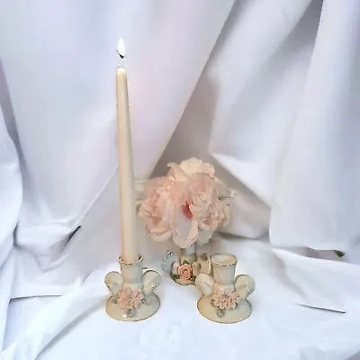 VTG Porcelain Candle Holders Vase Set Love Birds Pastel Flowers Kitschy 70s-80s • $25.27
