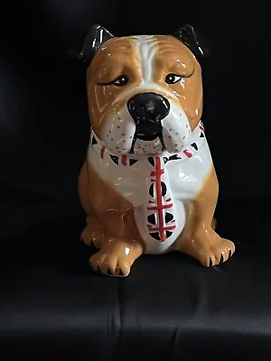 CERAMIC ENGLISH BULLDOG W/ BRITISH UNION JACK TIE COOKIE JAR DOG TREATS • £25.30
