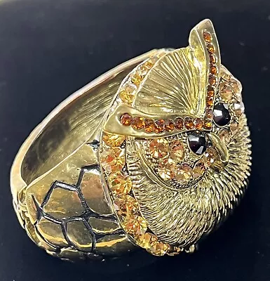 Amazing Vintage Statement Piece Rhinestones Gold Tone Owl Clamper Bracelet 7” • $18