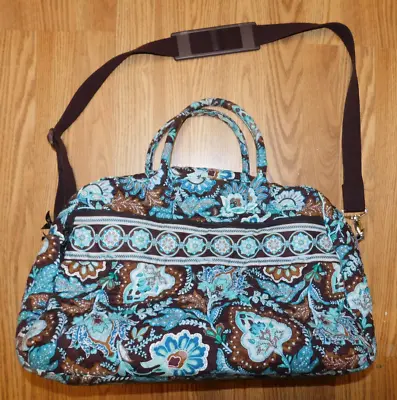 Vera Bradley Java Blue Duffle Bag Large Brown Handles & Strap • $39.99