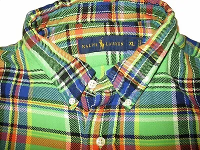 RALPH LAUREN Flannel Shirt (XL) Green Plaid W/ Button Flap Pocket • $12.44