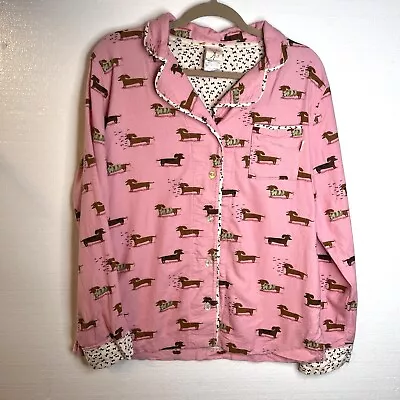 Munki Munki Pink Dachshund Dog Flannel Button Down Pajama Top Size Medium • $15