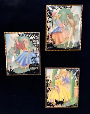 Set 3 VTG 1940's Silhouette Convex Glass Pictures 5” X 4” Strolling Couples • $28