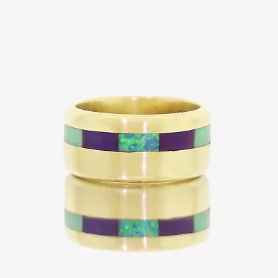 Vtg Goph Albitz 14k Gold Men's Inlaid Opal & Gemstone Wide Band Ring Size 10 • $2450