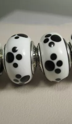 2 Pandora Murano Charms White Glass Bead Black Cute Pet Paw Printing • $0.99