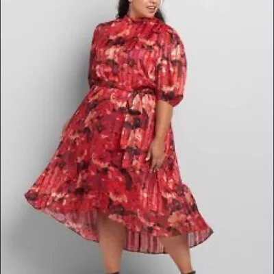 Awesome Lane Bryant Red Metal Floral Pleated Fit/flare Dress Sz 26 Nwt Freeship • $59.95