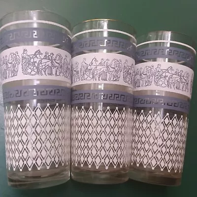 Mid Century Jeannette Tumbler Bar Glasses Blue & WhiteGreek Key Chariot Lot Of 4 • $24