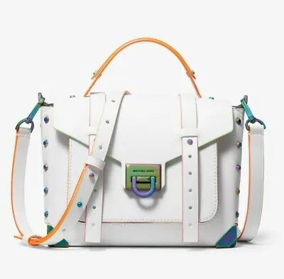 Michael Kors Manhattan Medium Top Handle Satchel White Neon Contrast Trim Studs • $632.05