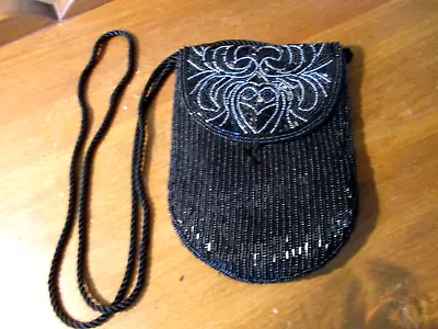 Vintage Heart Design Black & Silver Beaded Evening Shoulder Clutch Purse Handbag • $7.50