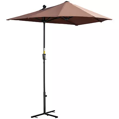 Outsunny 2m Half Garden Parasol Market Umbrella W/ Crank Handle Base Coffee • £75.99