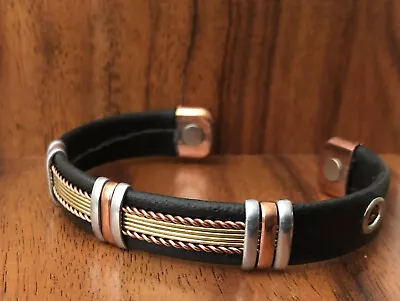 Solid Copper Leather Wrapped Magnetic Bracelet Energy Therapy Cuff Men Women • $13.99