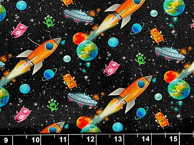 Tina Scrap Cosmos Planet Spaceship UFO Stars Galaxy Fabric Fabric 9 X21  COTTON • $2.49