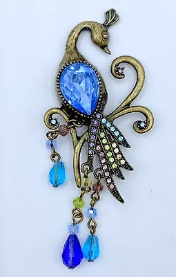 A8-369 Vintage Gold Tone Brooch Pin 3  Crystal Beaded Bird Animal Peacock • $5.99