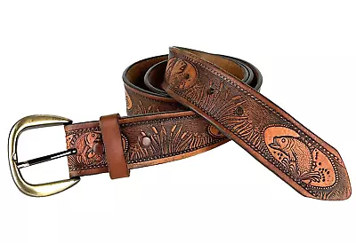 Mens Belt Bass Fish & Cattails Sz 39 Tooled Leather Brown Gold Tone Buckle • $23.87