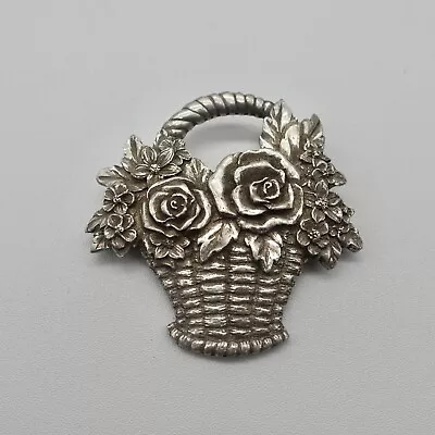 Vintage Brooch Floral Basket Bouquet Antiqued Silver Tone Scarf Sweater Pin 2  • $6.99