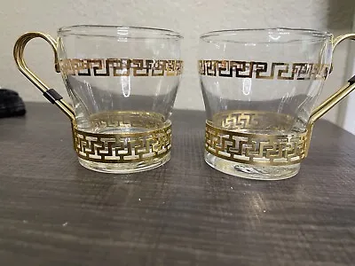VTG Libbey Clear Glass Gold Greek Key Metal Continental Coffee Cups Tea Espresso • $12.99