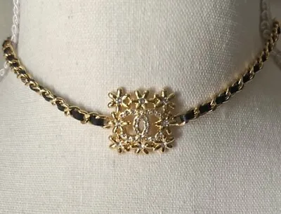 Chanel Leather Crystal Floral Pendant Choker Necklace CC  2023 Gold Lambskin • $185