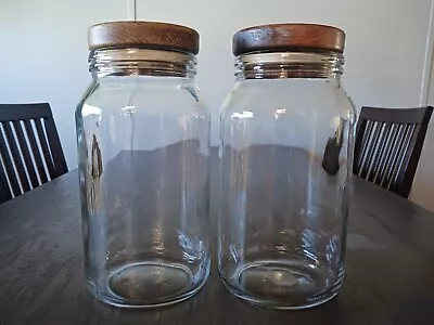 Vintage Anchor Hocking Tall Glass Canisters Storage Jars With Wood Lids RARE** • $35.72